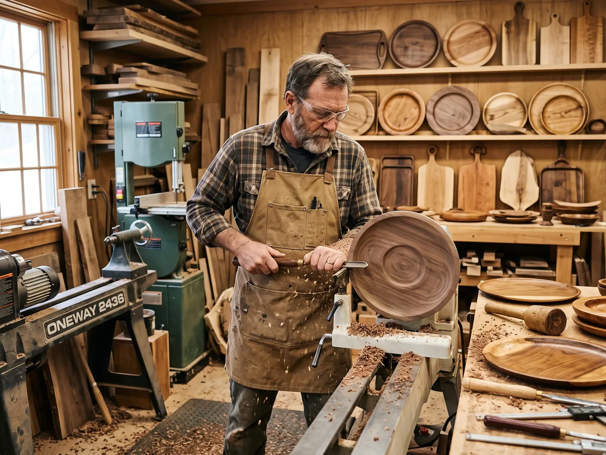 Meșter lucrând un platou din lemn masiv la strung, în atelierul Irion Wood